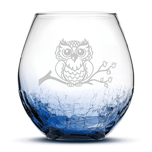 Crackle Wine Glass, Resting Owl Design, Hand Etched, 18oz