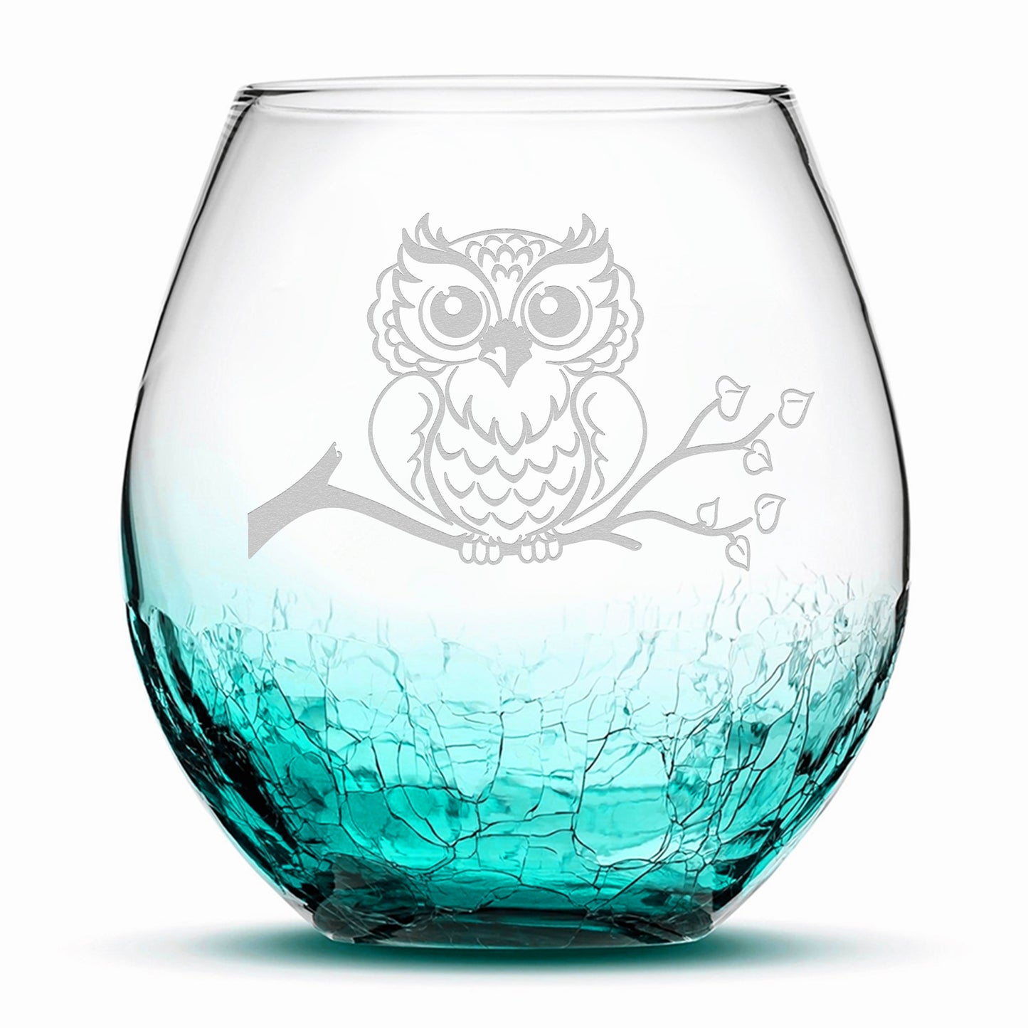 Crackle Wine Glass, Resting Owl Design, Laser Etched or Hand Etched, 18oz