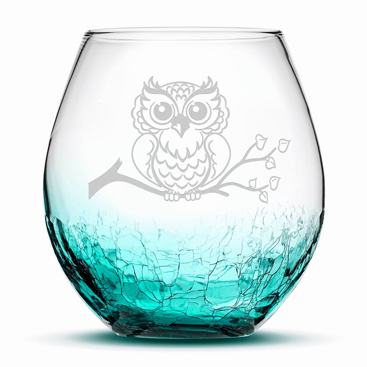 Crackle Wine Glass, Resting Owl Design, Laser Etched or Hand Etched, 18oz