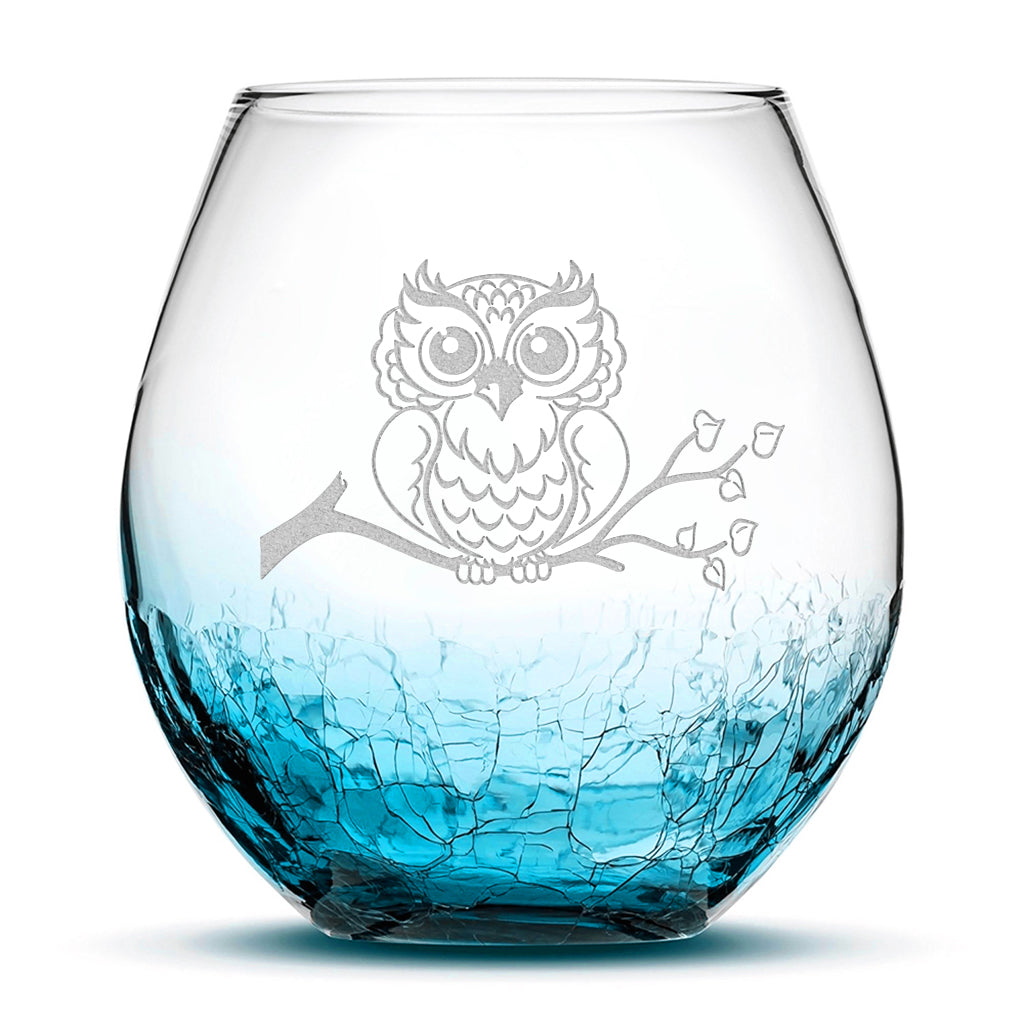 Crackle Wine Glass, Resting Owl Design, Laser Etched or Hand Etched, 18oz