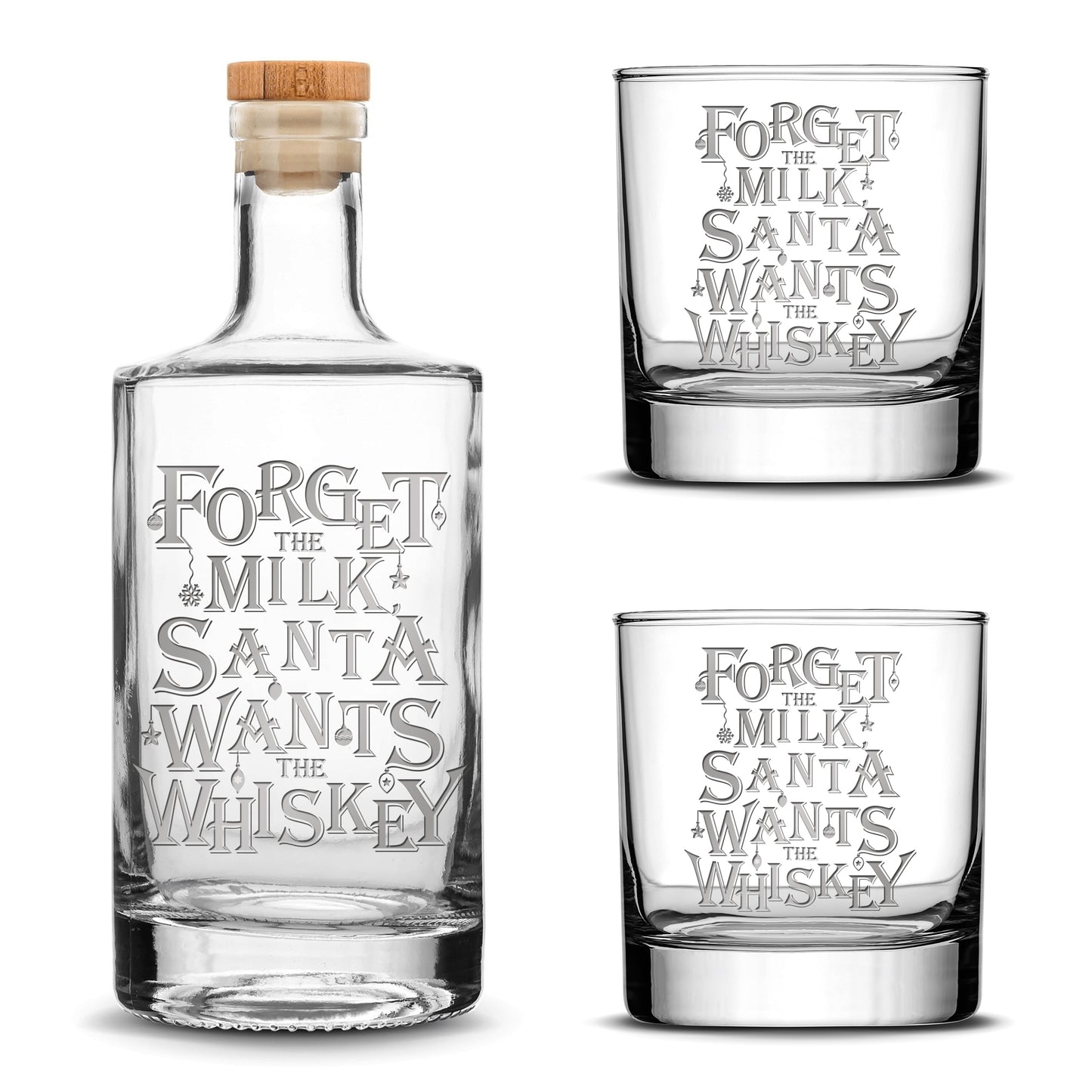 Santa Wants The Whiskey Jersey Bottle Set with 2 Christmas Whiskey Glasses, Laser Etched or Hand Etched