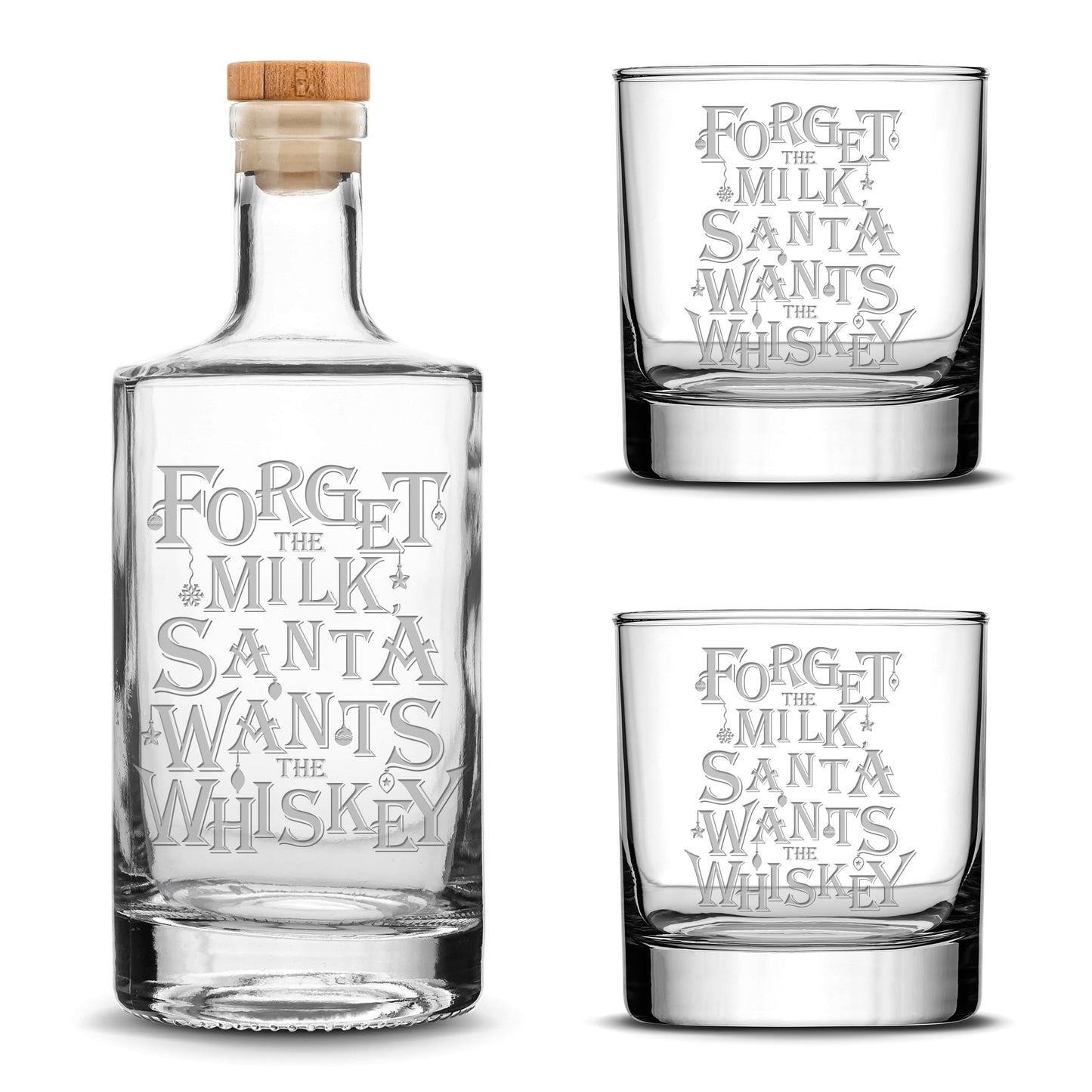 Santa Wants The Whiskey Jersey Bottle Set with 2 Christmas Whiskey Glasses, Laser Etched or Hand Etched