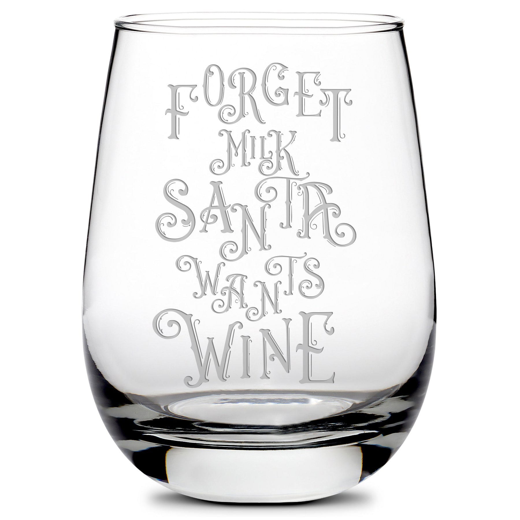 Santa Wants Wine Stemless Christmas Glass, Laser Etched or Hand Etched
