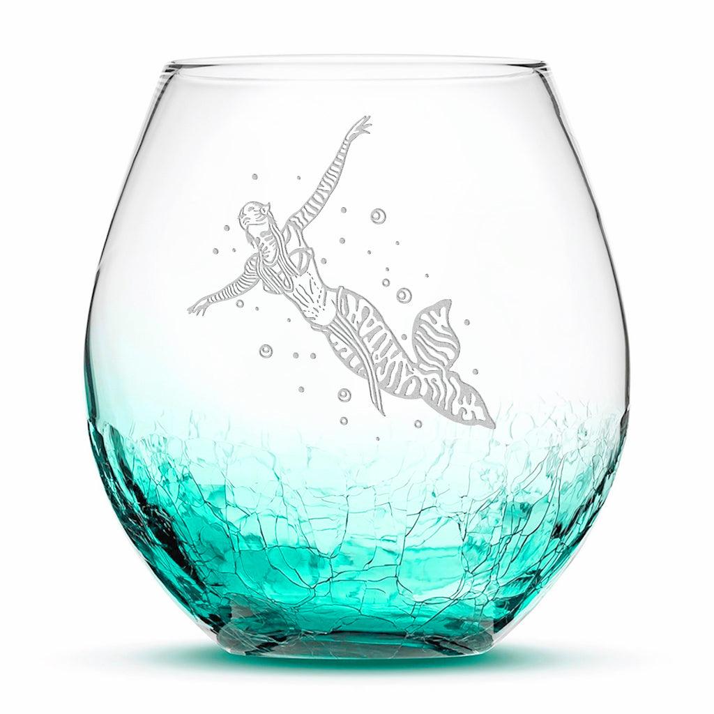 Crackle Wine Glass, Avatar Mermaid, Laser Etched or Hand Etched, 18oz