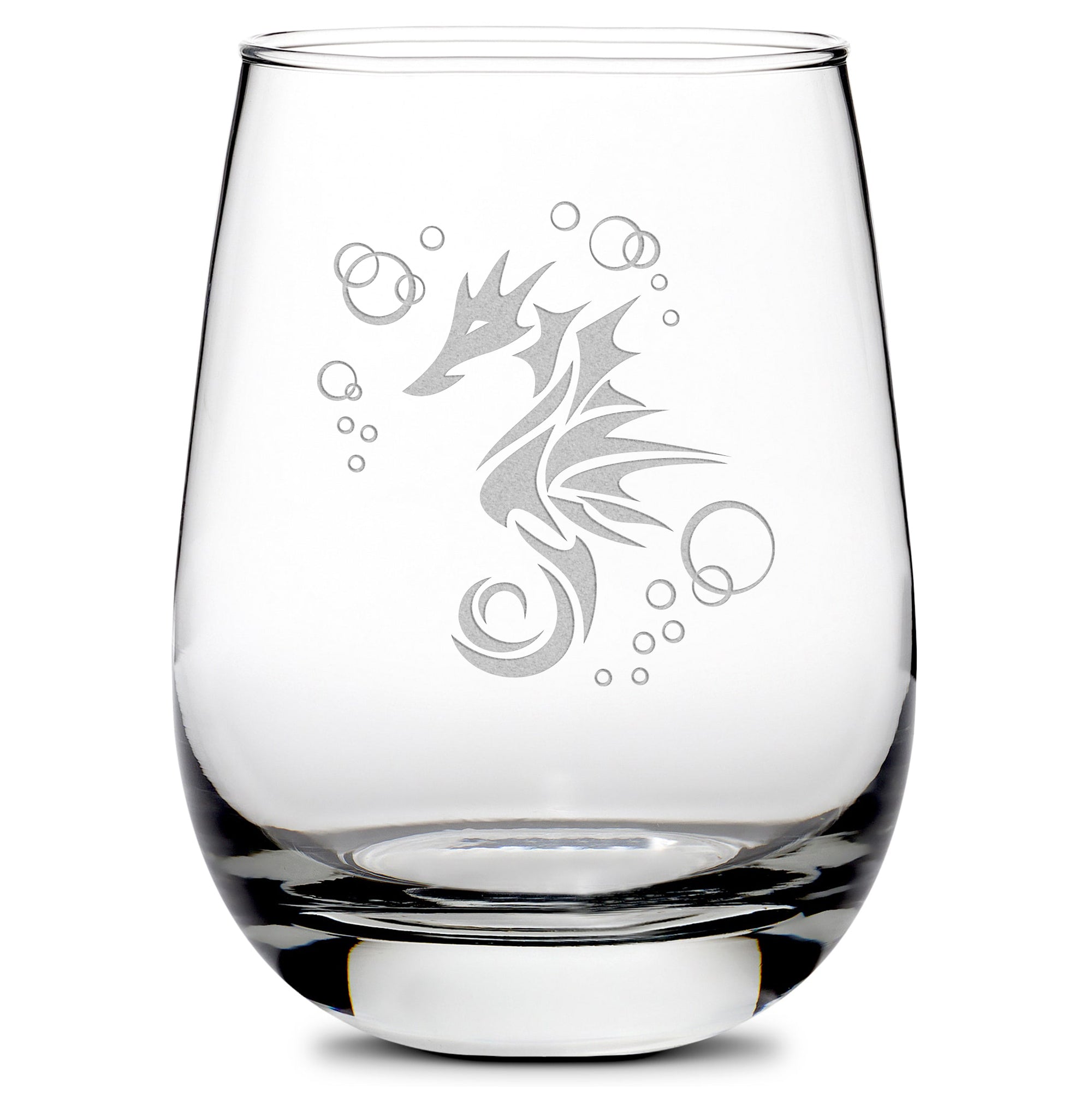 Premium Wine Glass, Seahorse Design, 16oz, Laser Etched or Hand Etched