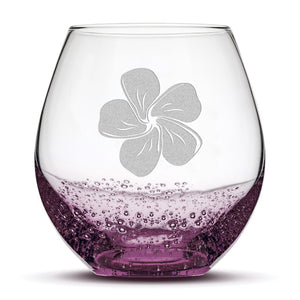 Bubble Wine Glass, 1 Plumeria, Laser Etched or Hand Etched, 18oz