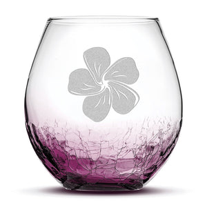 Crackle Wine Glass, 1 Plumeria, Hand Etched, 18oz