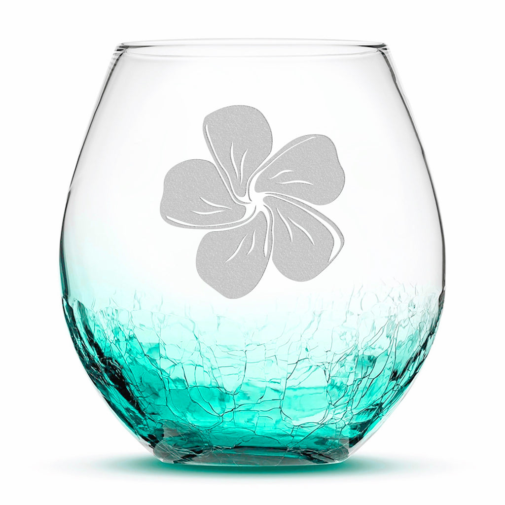 Crackle Wine Glass, 1 Plumeria, Laser Etched or Hand Etched, 18oz