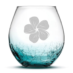 Crackle Wine Glass, 1 Plumeria, Laser Etched or Hand Etched, 18oz