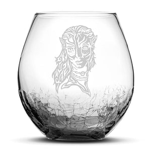 Crackle Wine Glass, Avatar Neytiri, Hand Etched, 18oz