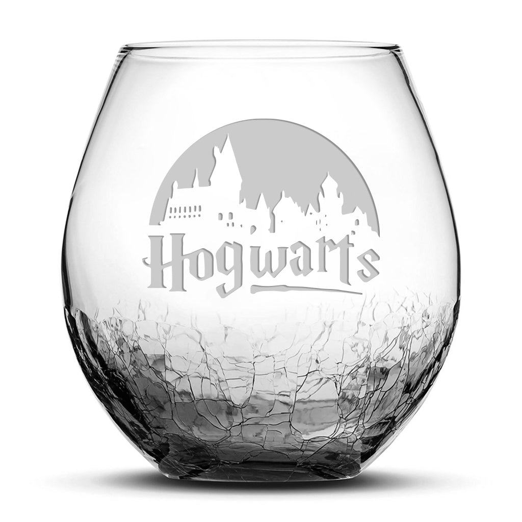 Integrity Bottles, Crackle Wine Glass, Harry Potter, Hogwarts, Laser Etched or Hand Etched, 18oz