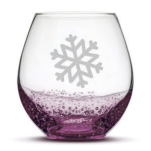 Bubble Wine Glass, Single Snowflake, Hand Etched, 18oz