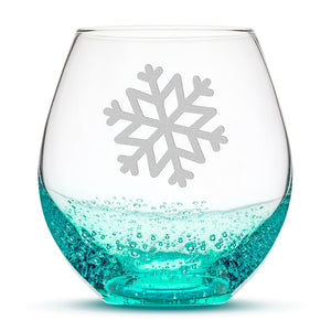 Bubble Wine Glass, Single Snowflake, Hand Etched, 18oz