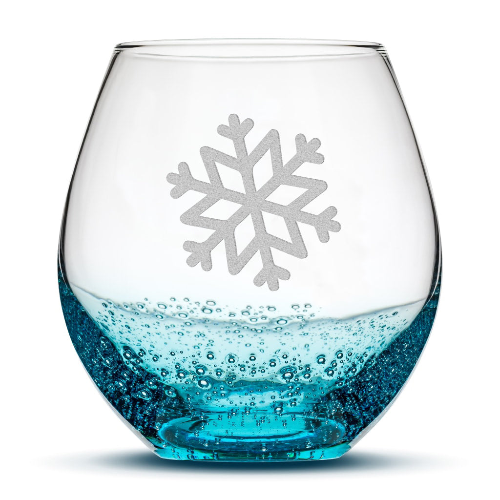 Bubble Wine Glass, Single Snowflake, Laser Etched or Hand Etched, 18oz
