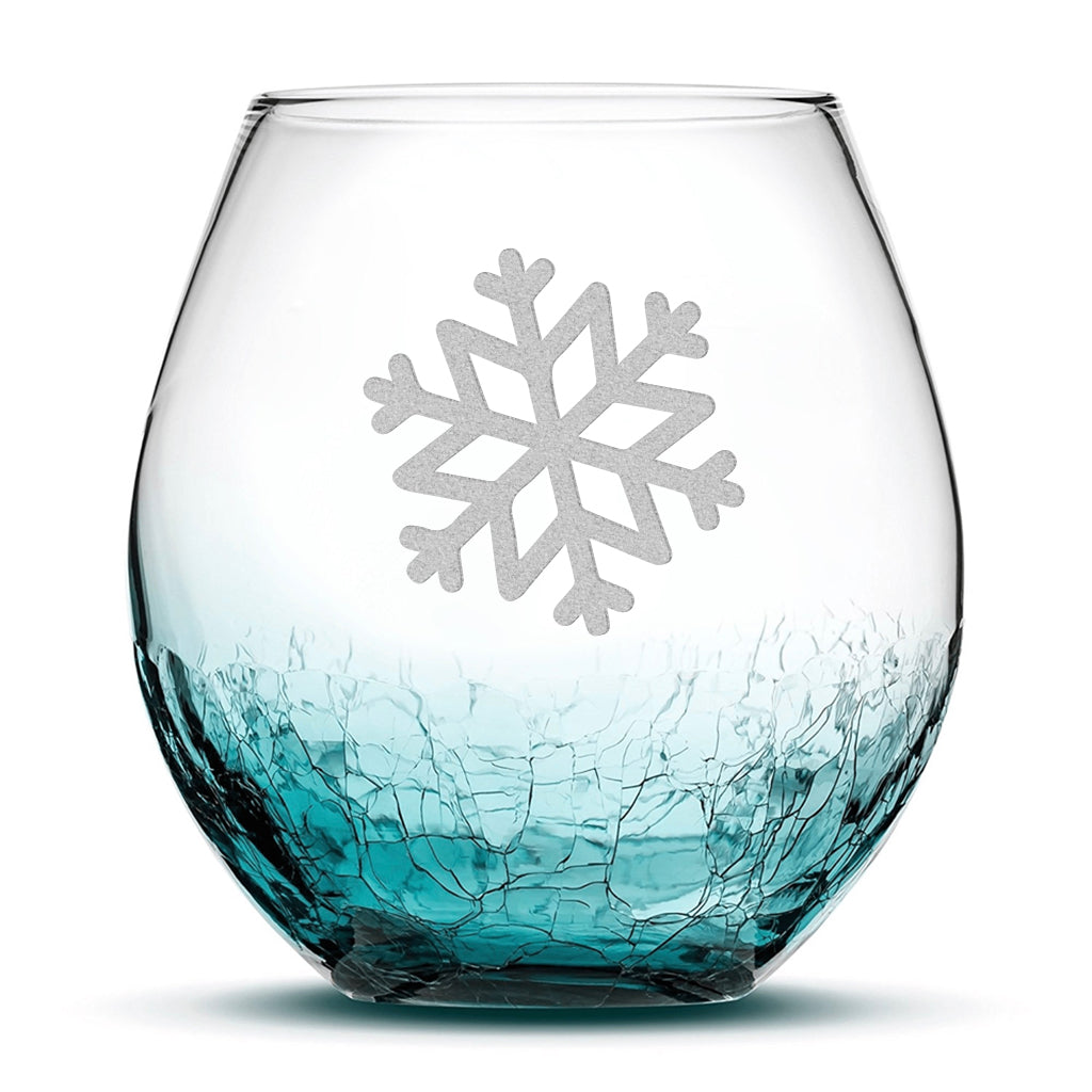 Crackle Wine Glass, Single Snowflake, Laser Etched or Hand Etched, 18oz