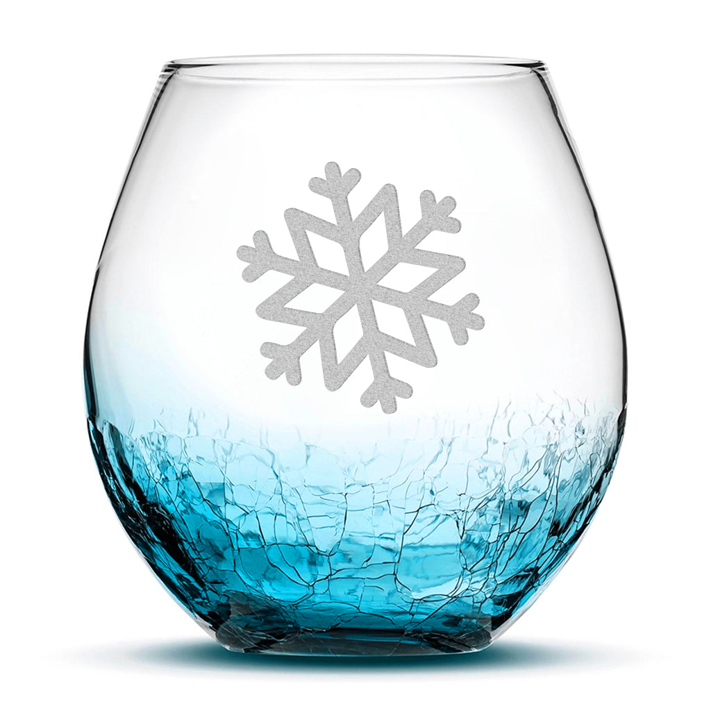 Crackle Wine Glass, Single Snowflake, Laser Etched or Hand Etched, 18oz