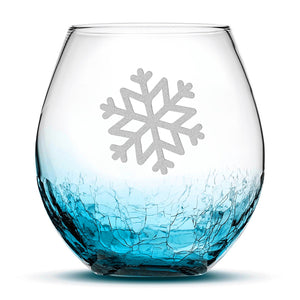 Crackle Wine Glass, Single Snowflake, Hand Etched, 18oz