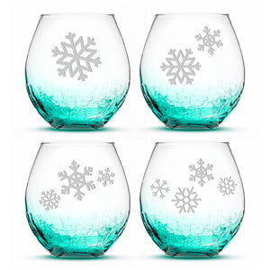 Crackle Wine Glasses with Snowflakes, Set of 4, Laser Etched or Hand Etched
