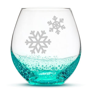Bubble Wine Glass, Double Snowflakes, Hand Etched, 18oz