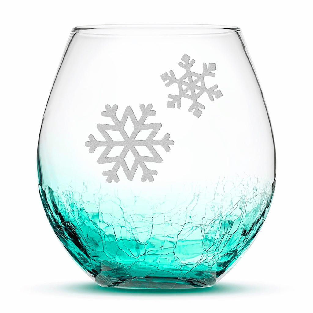 Crackle Wine Glass, Double Snowflakes, Laser Etched or Hand Etched, 18oz