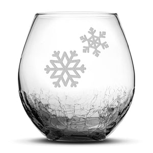 Crackle Wine Glass, Double Snowflakes, Hand Etched, 18oz