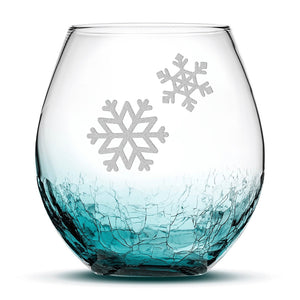 Crackle Wine Glass, Double Snowflakes, Laser Etched or Hand Etched, 18oz