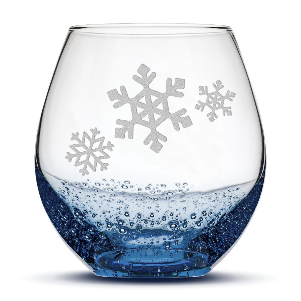 Bubble Wine Glass, 3 Snowflakes, Laser Etched or Hand Etched, 18oz