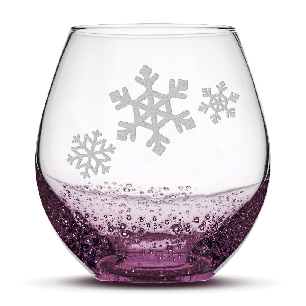 Bubble Wine Glass, 3 Snowflakes, Laser Etched or Hand Etched, 18oz