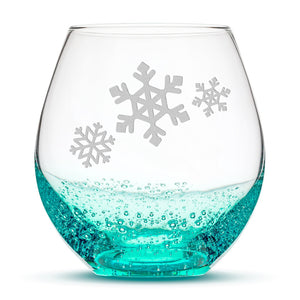 Bubble Wine Glass, 3 Snowflakes, Laser Etched or Hand Etched, 18oz