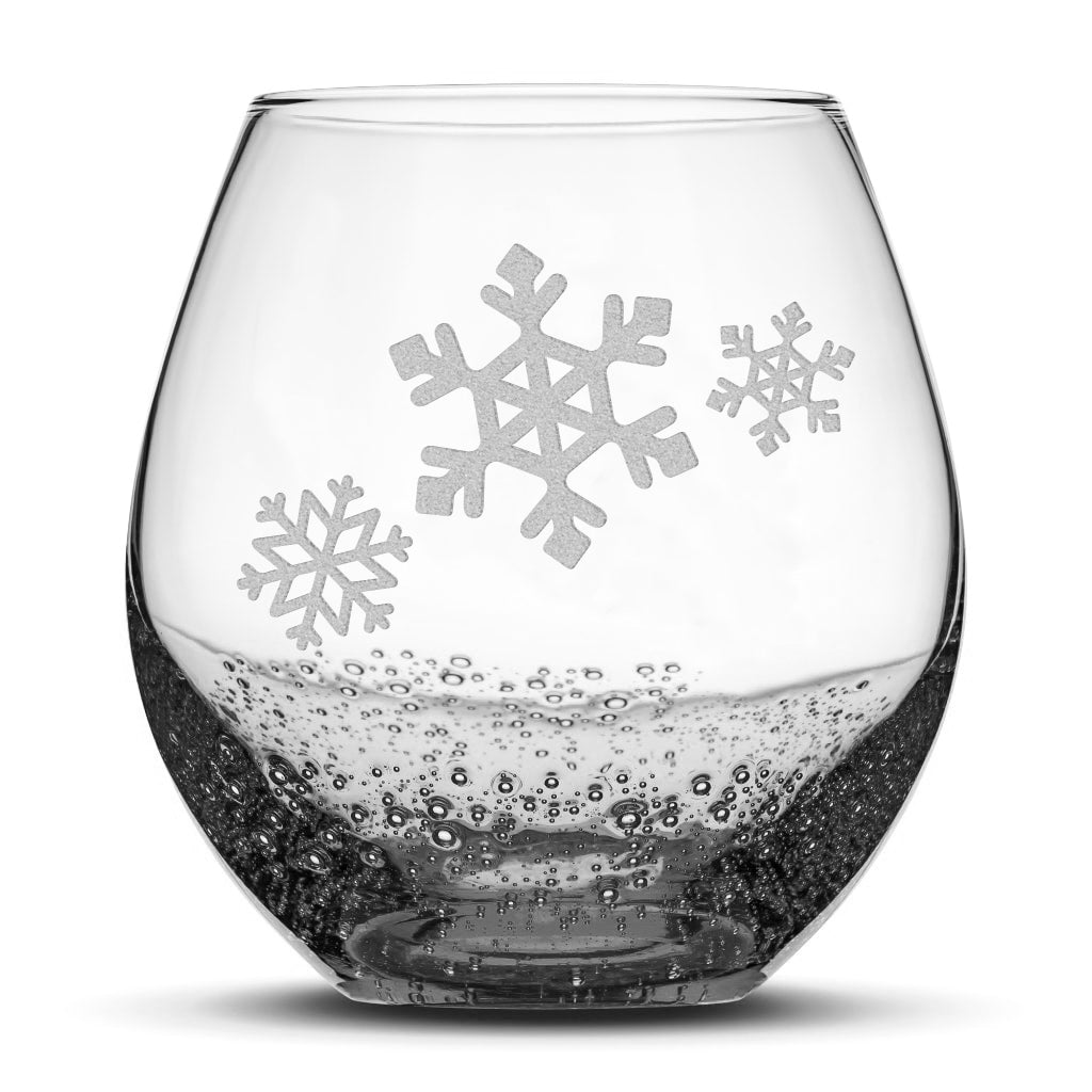 Bubble Wine Glass, 3 Snowflakes, Laser Etched or Hand Etched, 18oz