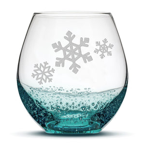 Bubble Wine Glass, 3 Snowflakes, Hand Etched, 18oz