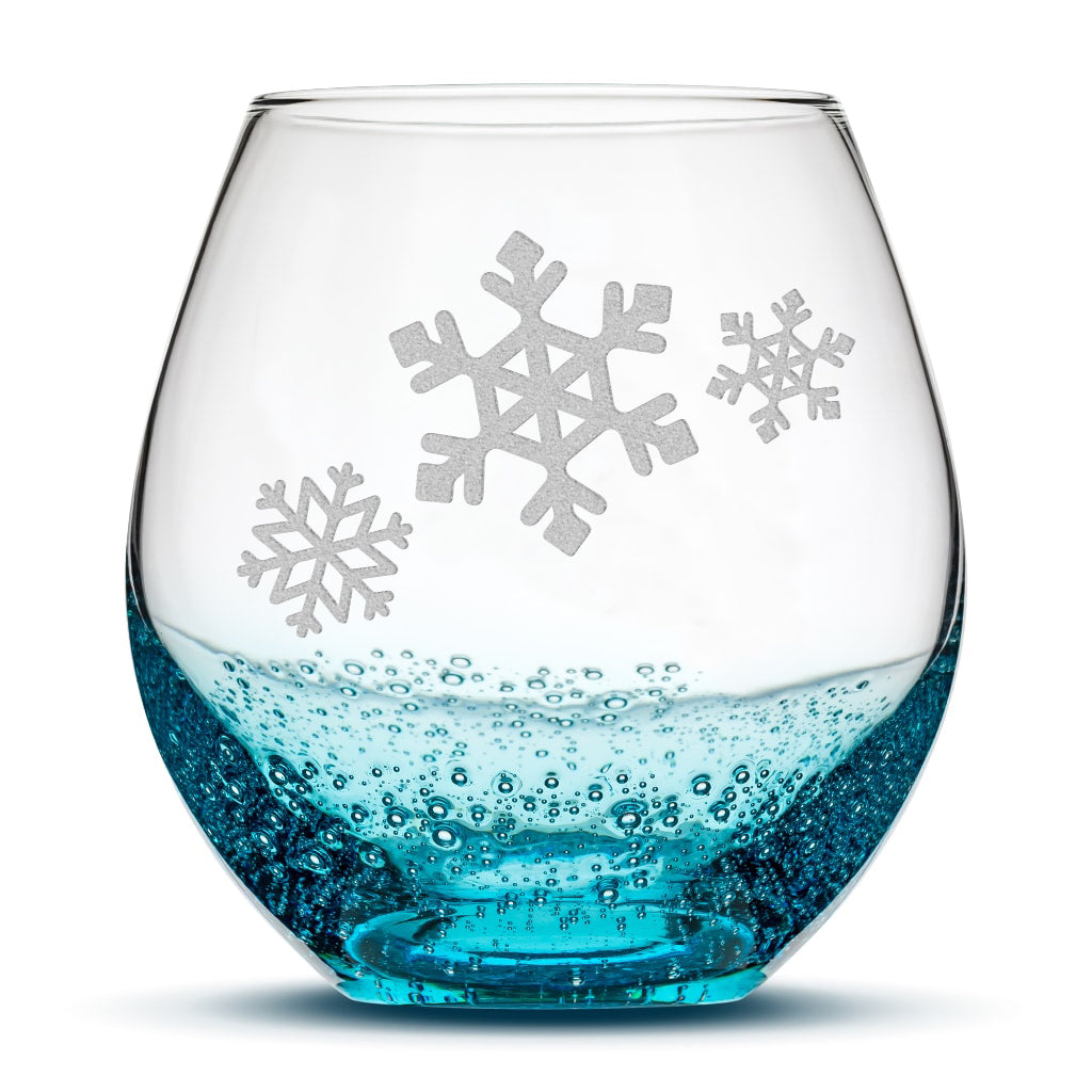 Bubble Wine Glass, 3 Snowflakes, Laser Etched or Hand Etched, 18oz