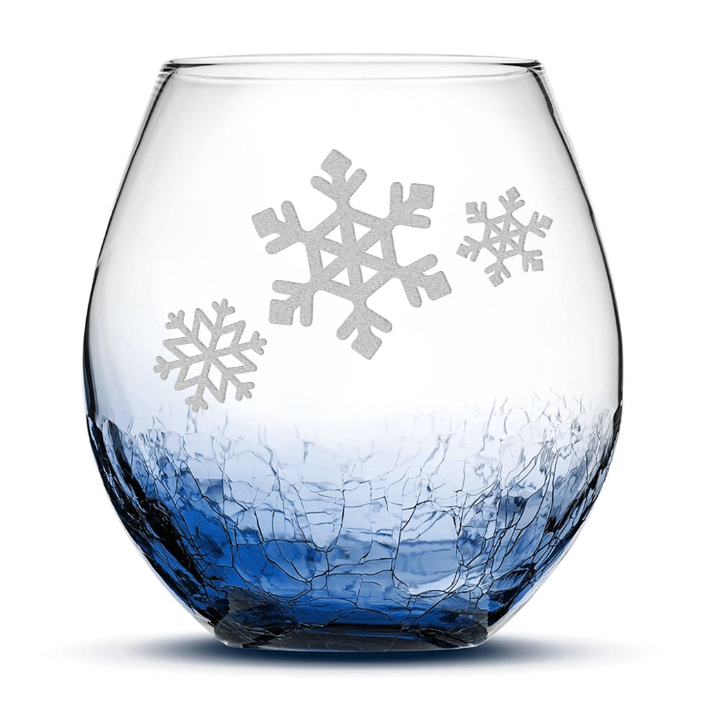 Crackle Wine Glass, 3 Snowflakes, Laser Etched or Hand Etched, 18oz