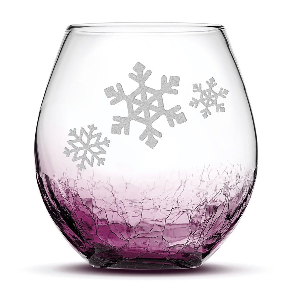 Crackle Wine Glass, 3 Snowflakes, Laser Etched or Hand Etched, 18oz