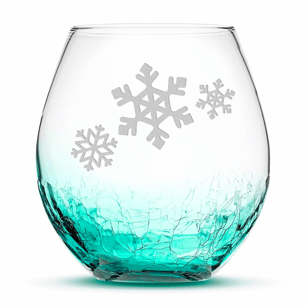 Crackle Wine Glass, 3 Snowflakes, Laser Etched or Hand Etched, 18oz