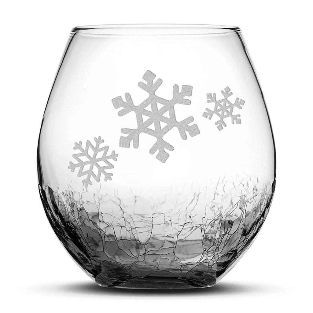 Crackle Wine Glass, 3 Snowflakes, Laser Etched or Hand Etched, 18oz