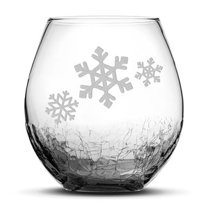 Crackle Wine Glass, 3 Snowflakes, Hand Etched, 18oz