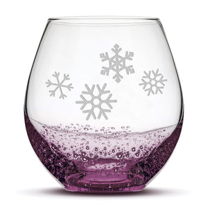 Bubble Wine Glass, 4 Snowflakes, Laser Etched or Hand Etched, 18oz