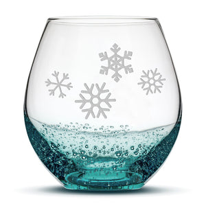 Bubble Wine Glass, 4 Snowflakes, Hand Etched, 18oz