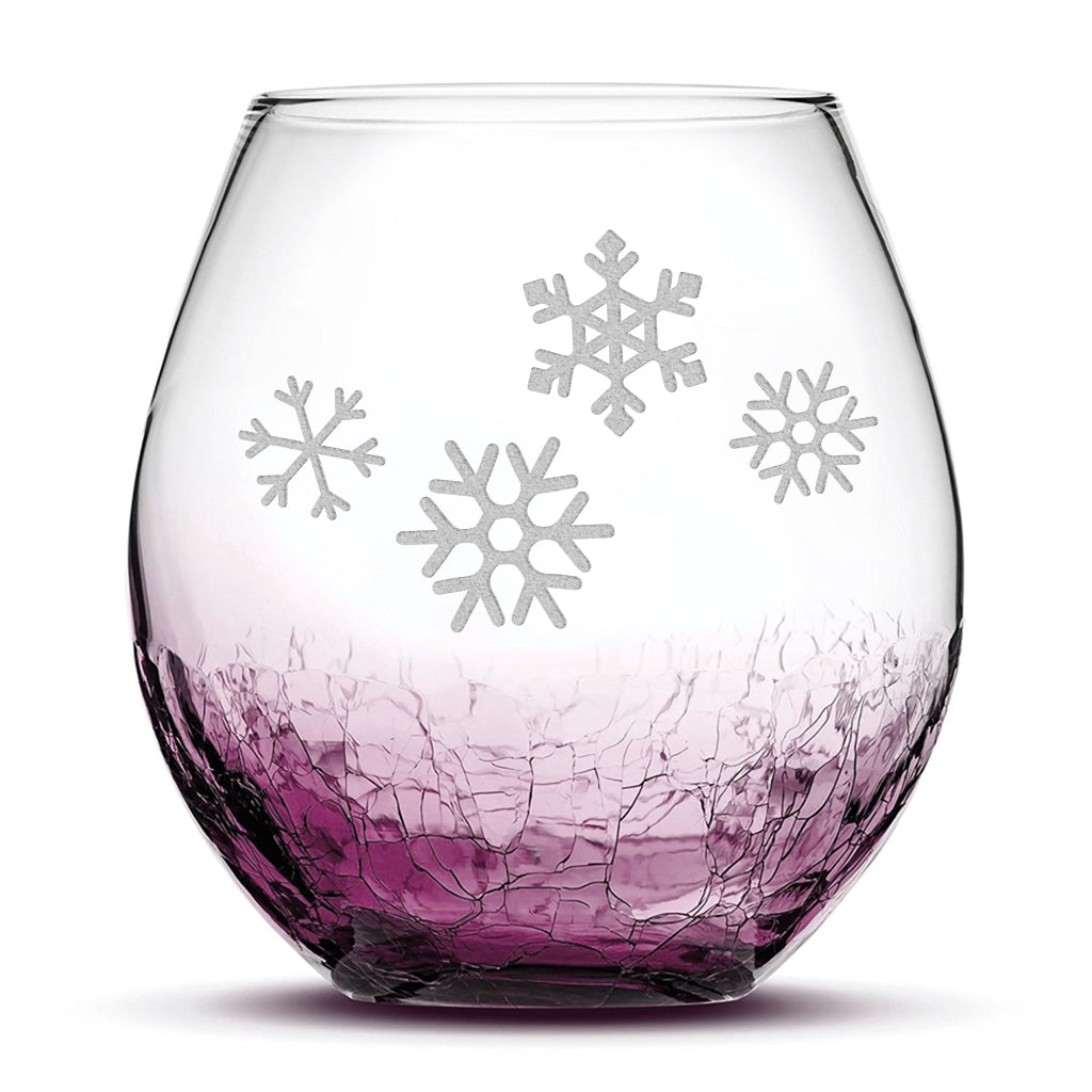 Crackle Wine Glass, 4 Snowflakes, Laser Etched or Hand Etched, 18oz