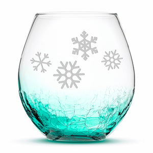 Crackle Wine Glass, 4 Snowflakes, Laser Etched or Hand Etched, 18oz