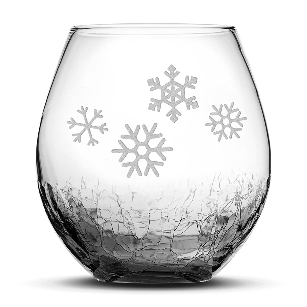 Crackle Wine Glass, 4 Snowflakes, Laser Etched or Hand Etched, 18oz