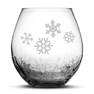 Crackle Wine Glass, 4 Snowflakes, Hand Etched, 18oz