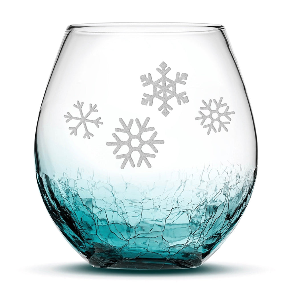Crackle Wine Glass, 4 Snowflakes, Laser Etched or Hand Etched, 18oz