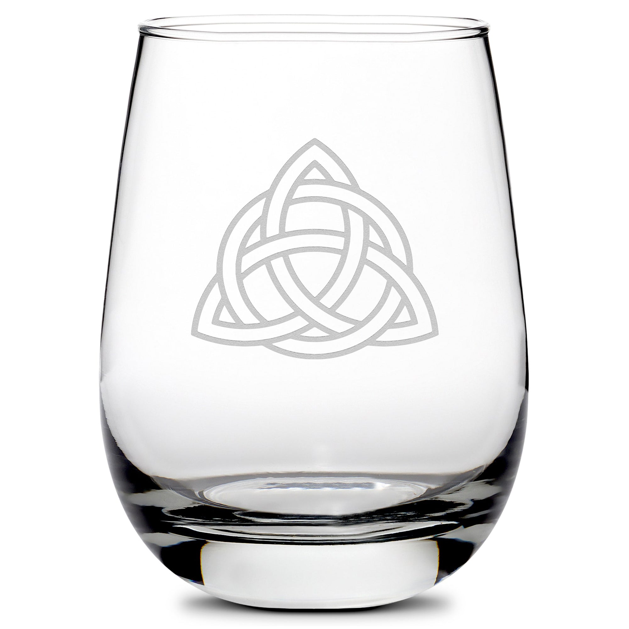 Premium Stemless Wine Glass, Celtic Trinity, 16oz, Laser Etched or Hand Etched