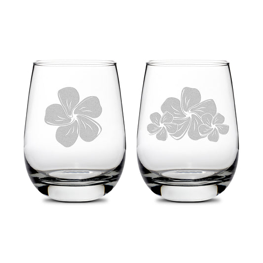 Premium Wine Glasses, Plumerias, 16oz (Set of 2), Laser Etched or Hand Etched