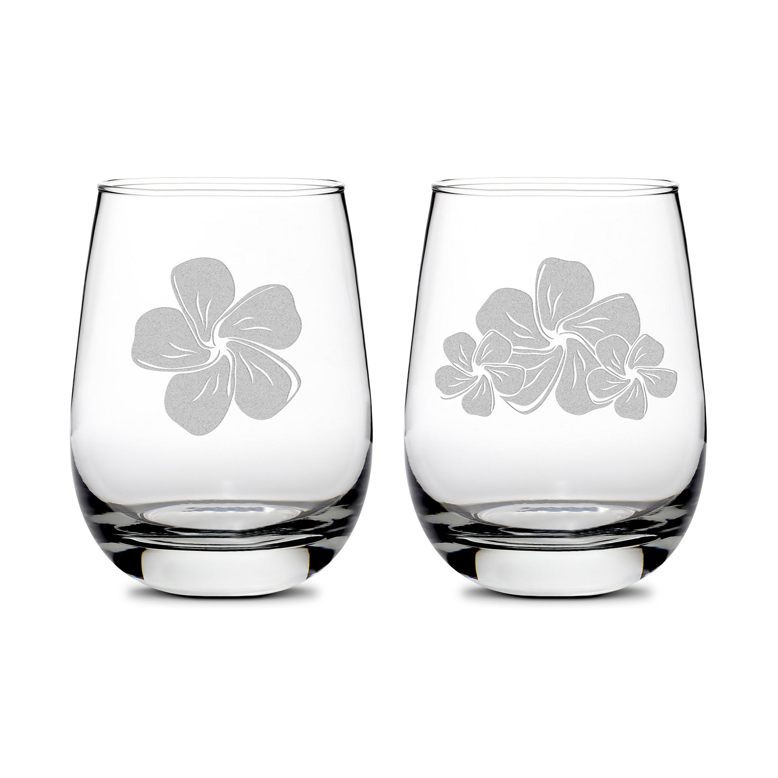 Premium Wine Glasses, Plumerias, 16oz (Set of 2), Laser Etched or Hand Etched