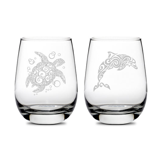 Premium Wine Glasses, Sea Turtle and Dolphin, 16oz (Set of 2), Laser Etched or Hand Etched