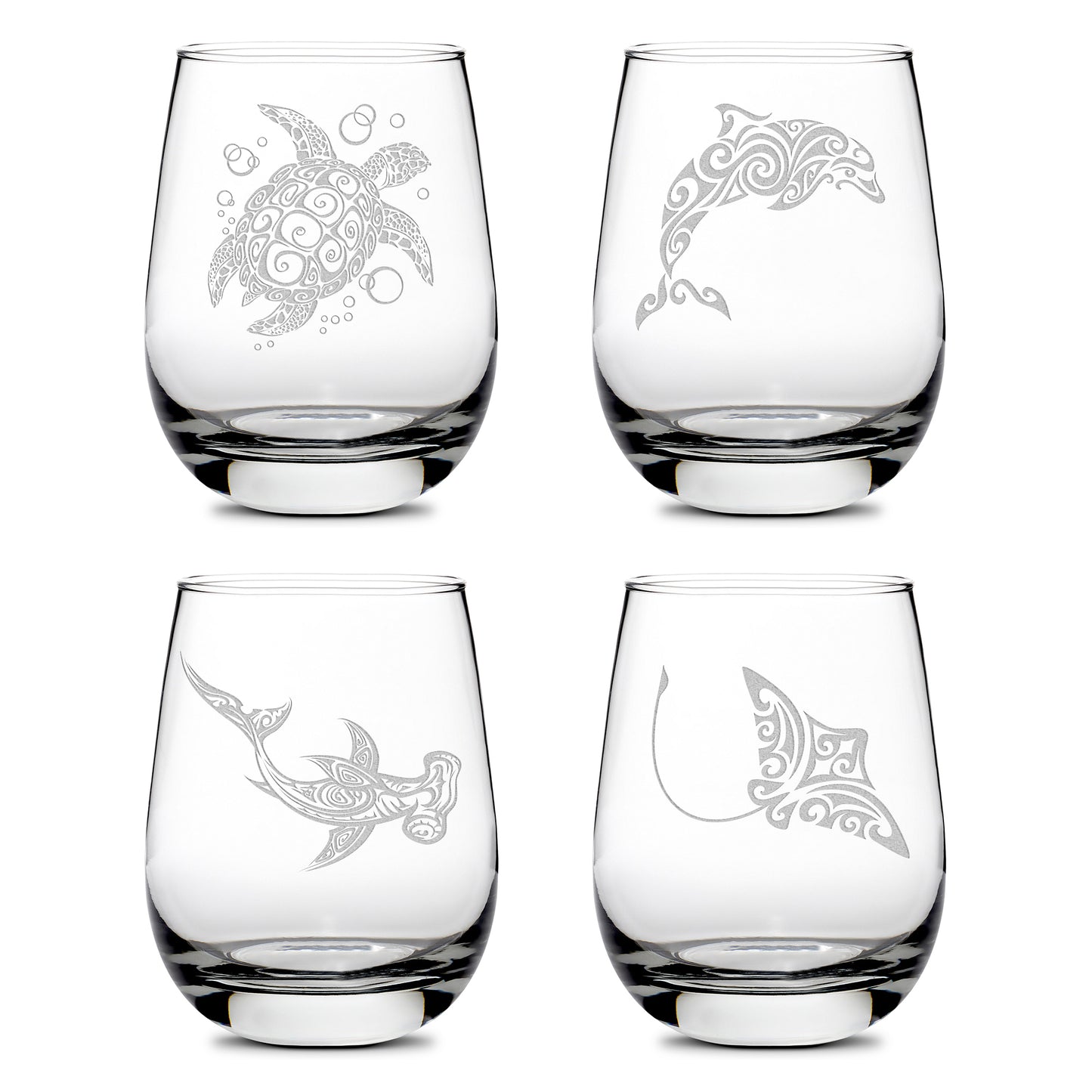 Premium Wine Glasses, Tribal Turtle, Dolphin, Shark, and Stingray (Set of 4), Laser Etched or Hand Etched
