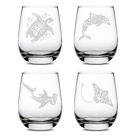 Premium Wine Glasses, Tribal Turtle, Dolphin, Shark, and Stingray (Set of 4), Laser Etched or Hand Etched